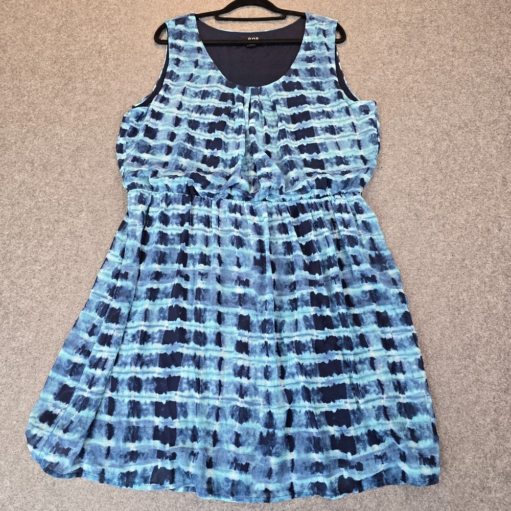 a.n.a Mini Dress Women's XL Blue Lined Tie Dye Cinch Waist Sleeveless Round Neck